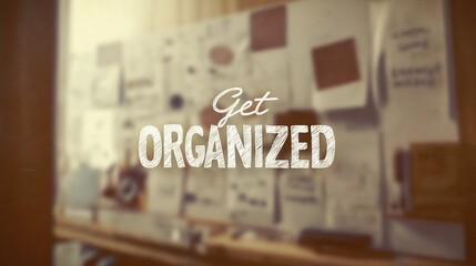 Encouraging text "Get Organized" overlaying a soft-focus office space, used for promoting time management and workflow tips.