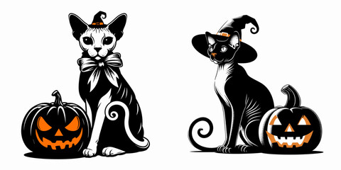 Fototapeta premium Devon Rex Cat wear ghost costume and sitting on jack o pumpkin. Halloween Witch Bat Spooky Scary Clipart Line Art Vector Illustration. Cute feline in spirit outfit atop carved gourd.