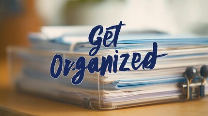 Encouraging text "Get Organized" overlaying a soft-focus office space, used for promoting time management and workflow tips.
