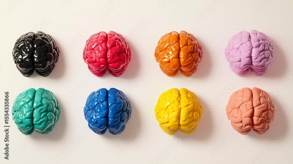 Poster eight colorful brain models arranged in rows on a white background.