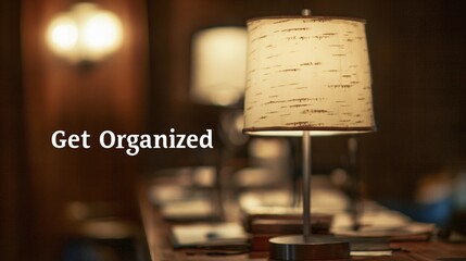 Encouraging text "Get Organized" overlaying a soft-focus office space, used for promoting time management and workflow tips.