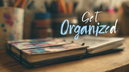 Encouraging text "Get Organized" overlaying a soft-focus office space, used for promoting time management and workflow tips.