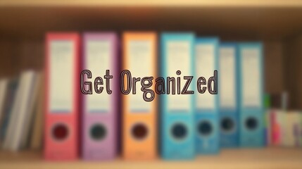 Encouraging text "Get Organized" overlaying a soft-focus office space, used for promoting time management and workflow tips.
