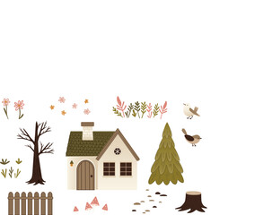 Cozy home surrounded by trees, flowers and birds. A wooden fence, flowers, rocks and a tree stump create a serene outdoor atmosphere. Rural set with isolated objects. Vector illustration
