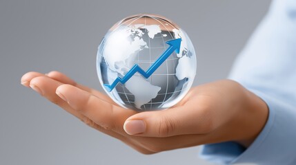 Green Sustainable Technology Innovation concept, Holding a globe with an upward trend arrow symbolizing growth.