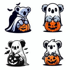 Obraz premium Koala wear ghost costume and sitting on jack o pumpkin. Halloween Witch Bat Spooky Scary Clipart Line Art Vector Illustration. Marsupial dressed as phantom atop carved gourd fall holiday.