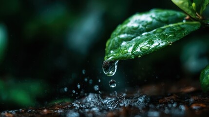 A close-up image capturing a water droplet hanging from a vibrant green leaf, surrounded by a blurred background of sparkling droplets and lush greenery, evoking freshness.