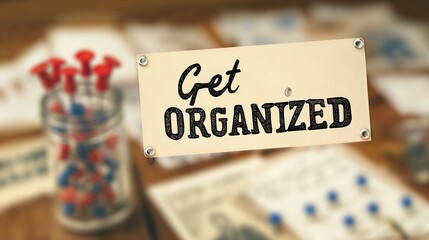 Encouraging text "Get Organized" overlaying a soft-focus office space, used for promoting time management and workflow tips.