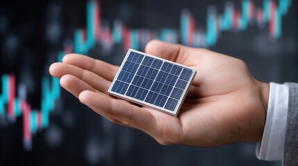 Green Sustainable Technology Innovation concept, Hand holding a solar panel with a digital graph in the background.