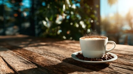 A steaming cup of coffee sits on a rustic wooden table, bathed in the warm glow of sunrise, setting a serene and inviting morning atmosphere.