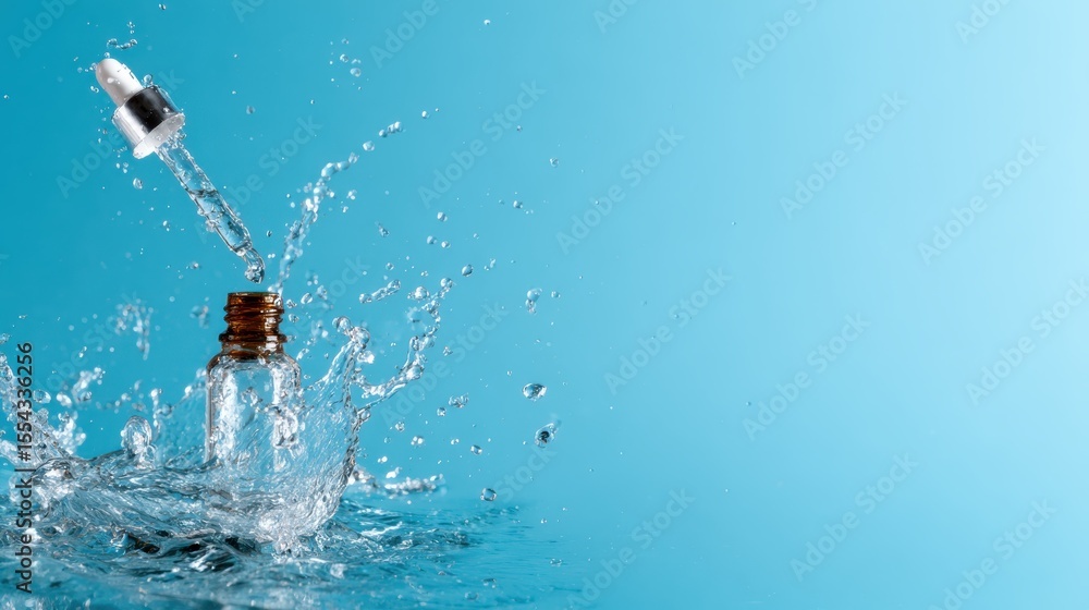 Poster a glass bottle with a dropper is splashing water, creating a dynamic scene with droplets flying in t