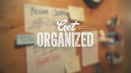 Encouraging text "Get Organized" overlaying a soft-focus office space, used for promoting time management and workflow tips.