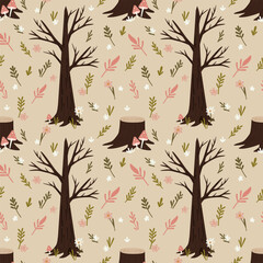 A seamless pattern featuring bare trees, stumps, and various leaves in soft colors on a beige background. The design is suitable for textiles and wallpapers.
