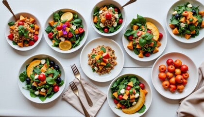 Fototapeta premium Assorted colorful vegetable salads arranged on white plates with fresh greens, cherry tomatoes, and dressing, served on a rustic wooden table for healthy dining
