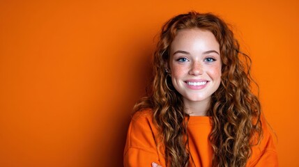 A cheerful young woman with curly hair smiles brightly against an orange background, radiating positivity and joy, making a powerful connection with the viewer through her warm expression.