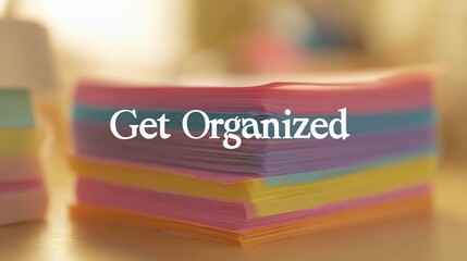 Encouraging text "Get Organized" overlaying a soft-focus office space, used for promoting time management and workflow tips.