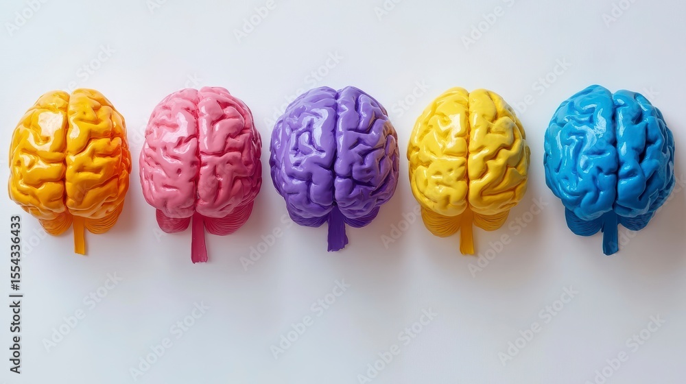 Poster five colorful brain models arranged in a row on a white background.