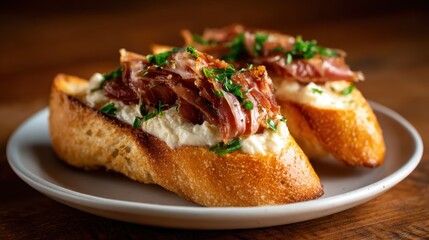 This mouth-watering photo showcases delicious crostini topped with prosciutto and cream cheese, garnished with fresh herbs, perfect for appetizer inspiration in culinary settings.