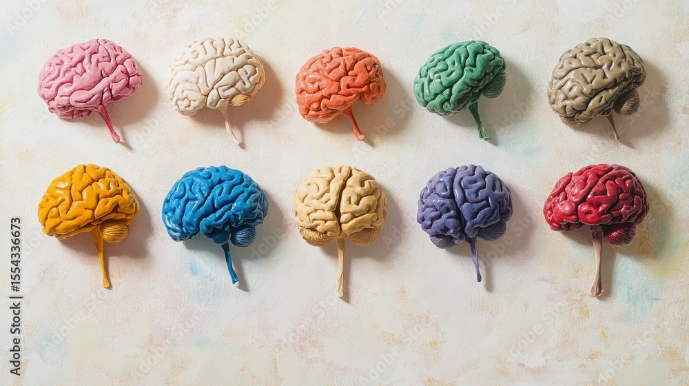Poster colorful brain models arranged in rows on a textured surface.
