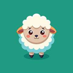 Obraz premium Happy cartoon sheep with soft blue wool and yellow tuft vector illustration isolated on green background
