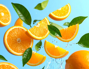 Dynamic Shot of Oranges, Slices, and Leaves Floating on Blue.
