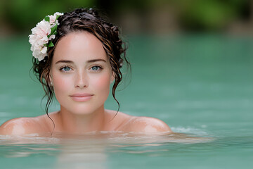 Woman in thermal water with floral hair decor,concept wellness ritual and spa relaxation,healing beauty,spa relaxation and skin glow,wellness ritual and calm emotion,advertising web banner,copy space