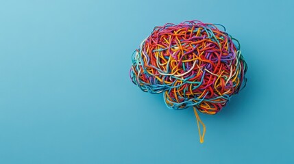 Colorful rubber bands shaped as a tangled brain on a blue background.