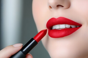 Close-up of a woman applying vibrant red lipstick, showcasing glossy lips and a flawless smile, with a soft blurred background enhancing the beauty routine concept
