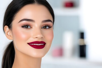 Beautiful woman with long dark hair and striking red lipstick smiles confidently, showcasing flawless skin and a vibrant makeup look in a bright, modern beauty setting