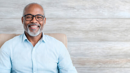 Smiling older man with glasses wearing a light blue shirt, sitting comfortably in a modern chair against a textured wooden wall, exuding warmth and confidence in a relaxed atmosphere