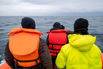 Small inflatable craft navigates choppy waves, where protection becomes vital concept, protection binds travelers in shared purpose, protection highlights crucial aspect of border challenges