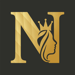 Gold Letter N Logo Queen Crown Woman Hair Profile vector