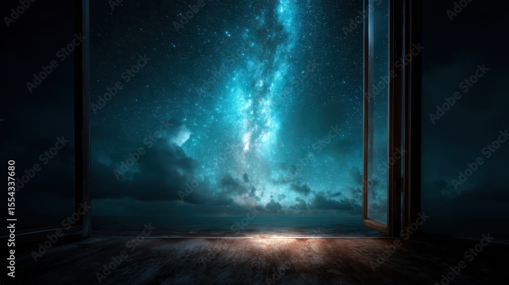 Poster an enchanting view of a starry sky through an open doorway, creating a mystical and dreamlike atmosp