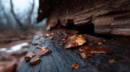 Fototapeta premium This image illustrates a rustic wooden surface adorned with golden honey droplets that capture the essence of natural sweetness and enriching textures in a beautifully blurred background.
