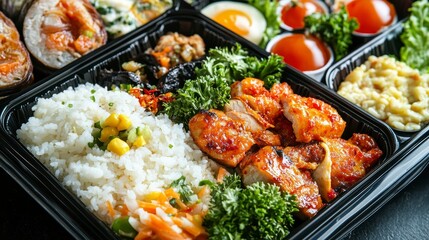 Delicious and healthy bento box with grilled chicken, rice, vegetables, and eggs.