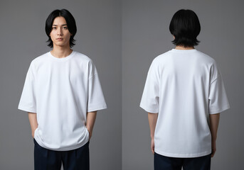 Oversize white T-shirt mockup front and back view on a male model