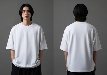 Loose Fit white T-shirt mockup front and back view on a male model