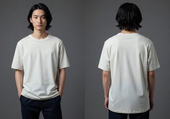 Oversize white T-shirt mockup front and back view on a male model