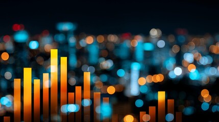 Bar graph overlayed on blurred city lights at night representing financial data
