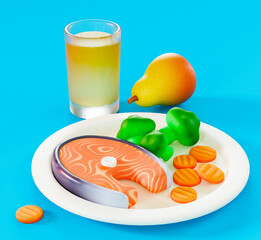 Healthy dinner with grilled salmon, broccoli, carrot slices and pear lemonade on Blue Background - 3D Illustration