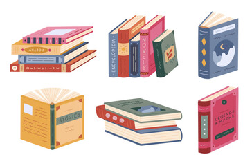 Lovely cartoon set with library and bookstore clipart. Trendy hand drawn stack of books in vibrant colors, literature standing in row, legends, love stories, poetry. Reading icon isolated on white.