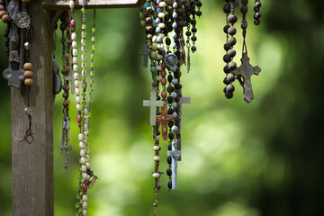 Various rosaries with crosses and beads hang against a soft, green backdrop.