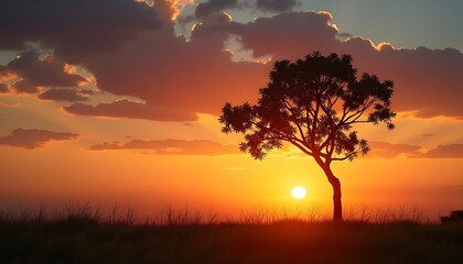 Serene Tree Silhouette During Vibrant Sunset with Colorful Clouds Over Natural Landscape
