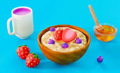 Healthy Breakfast with Oatmeal, Berries, Honey and Purple Milk on Blue Background - 3D Illustration