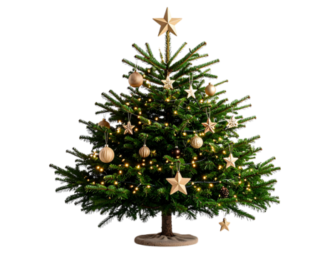Minimalist Christmas Tree with Wooden Ornaments and Soft Lights, isolated on a transparent background
