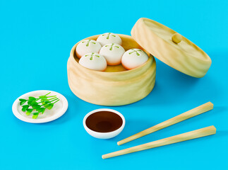 Asian lunch with bamboo steamer, banh bao, soy sauce and pea sprouts on blue background - 3D illustration