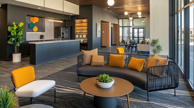 Modern, open-plan communal space with a stylish kitchen area.