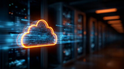 Orange data cloud icon glowing with binary code in a dark server room