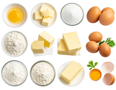 Flour, eggs, and milk arranged on a wooden table, ready for baking.