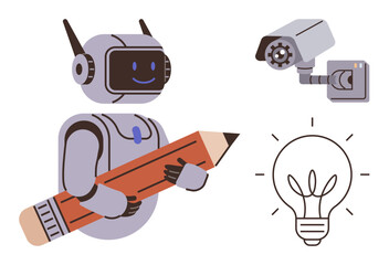 Robot holding pencil for creativity, surveillance camera symbolizing security, and light bulb for ideas and innovation. Ideal for technology, AI, creativity, surveillance, invention, design concept